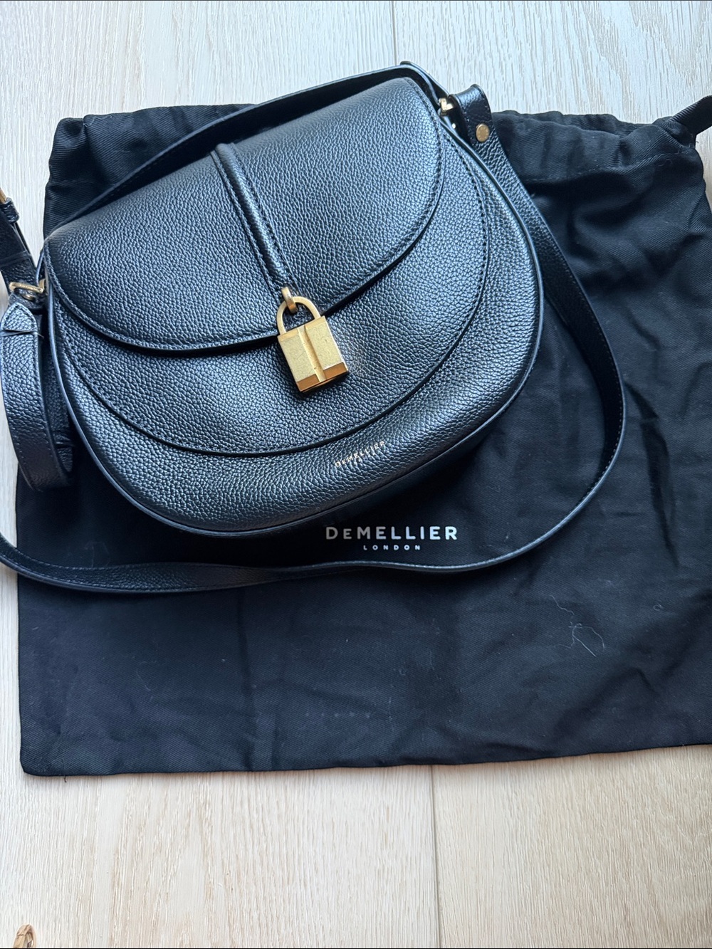 DeMellier Black Sienna Saddle Leather Crossbody Bag with Gold Padlock